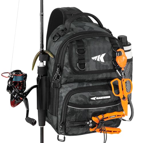 KastKing BaitSpace Fishing Sling Bag, Fishing Backpack with Rod & Beverage Holder, Tackle Bag for Fishing Gear - color: A: Black Camo, size: Standard