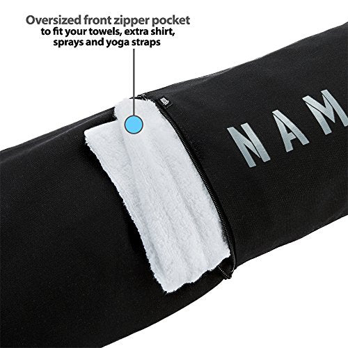 Masaya Namaste Large Yoga Mat Bag - Fits Exercise Mats, Drawstring Carrier for Men Women, Long Breathable Canvas Sling, Deep Front Pocket Zipper, Secret Storage, Adjustable Shoulder Strap