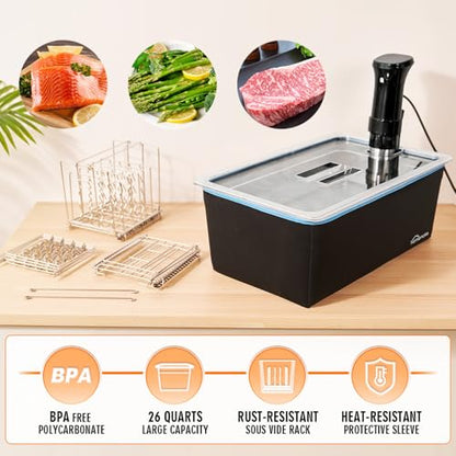 Large Sous Vide Container 26 Quarts with Lid,Complete Sous Vide Accessories Kit BPA Free,Compatible with Anova and Most Sous Vide Cookers（Comes with 2 Sous Vide Racks and Insulating Sleeve） - color: Large Sous Vide Container-with 2 Rack