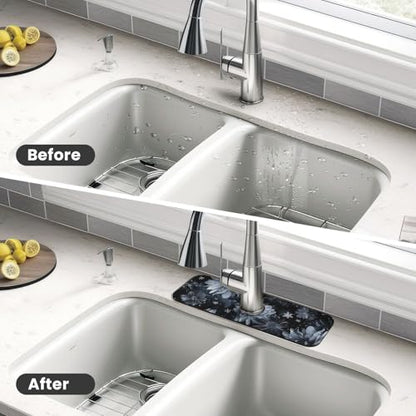 Faucet Draining Mat For Kitchen Sink, Stylized Gray Chrysanthemum Flowers Diatom Mud Absorbent Drain Pad For Bathroom Kitchen Sink Splash Guard Drying Mat - color: Stylized Gray Chrysanthemum Flowers