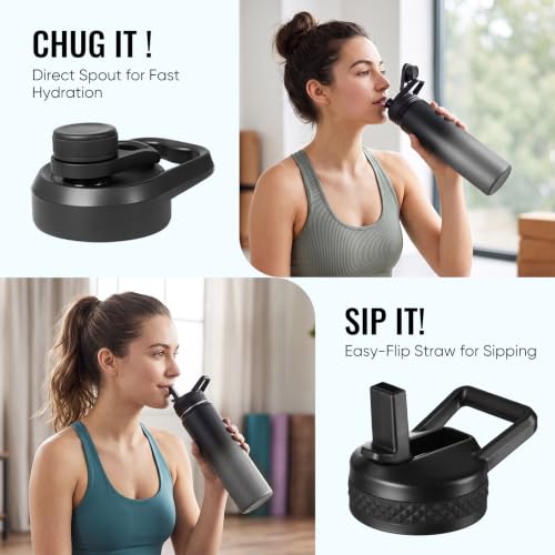 Fijinhom 24 oz Insulated Water Bottle with Handle, 304 Stainless Steel Water Bottles with 2 Lids, Double Wall Vacuum Sports Water Cup with Straw, BPA Free, Keep Cold and Hot, Black/Gray - color: 2 Lids - Black/Gray, size: 24 Ounces