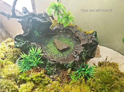 Reptile Water Dish, Snake Water Bowl, Resin Turtle Basking Platform with Artificial Plants, Crested Gecko Tank Accessories for Bearded Dragon, Hermit Crab, Snake (Smooth)