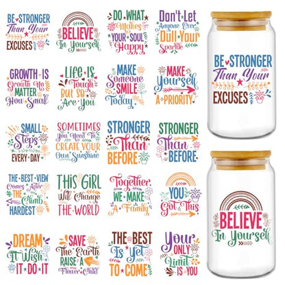 Inspirational UV DTF Stickers - 20 Sheets Motivational Quotes UV DTF Cup Wraps for 16 oz Glass, Colorful Flower Rainbow Rub on Transfer Stickers, Uvdtf Decals for Water Bottle DIY Crafts - style: Motivational Quotes