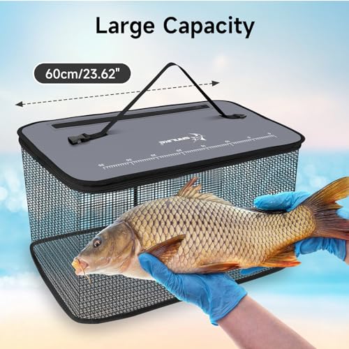 SANLIKE Floating Fishing Basket Collapsible Fishing Net Cage, Rubber Coated Net Fish Basket for Live Caught Fish Minnows Bait Bucket Minnow Trap, 24L/40L/59L，Black/Grey - color: L-59L-Grey