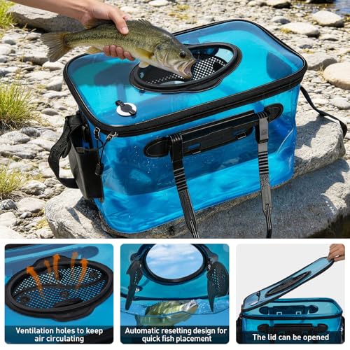 THKFISH Foldable Transparent Fishing Bucket, 4/6/8 Gallon Foldable Bait Bucket, Live Fish Container Multi-Functional Bait Bucket, Live Bait Fishing Bucket for Saltwater, Camping (4Gallon) - size: 4Gallon with Aerator