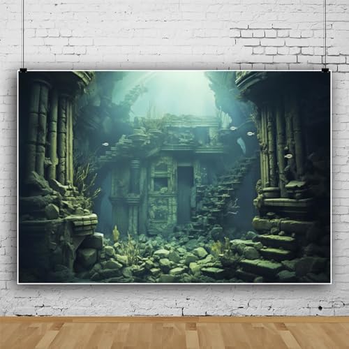 7x5ft Underwater Backdrop Undersea Roman Building Gothic Style Palace Mid Century Photography Background Aquarium Building Stone with Fish Seaweed Deep Sea Sunlight Decor