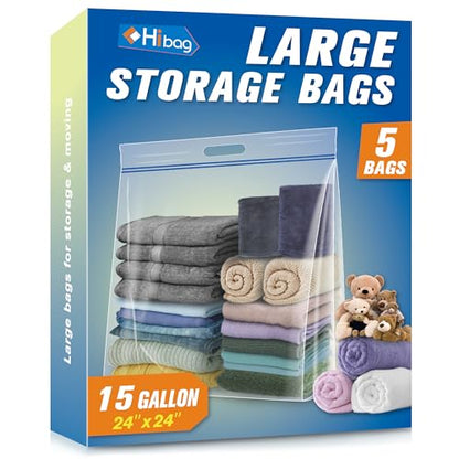 HIBAG 15 Gallon Large Storage Bags, 24” x 24” Resealable Clear Bags with Handle, Extra Large XL Heavy Duty for Clothes Pillow Travel Moving, Pack of 5 - size: 15 gal - 5 pack