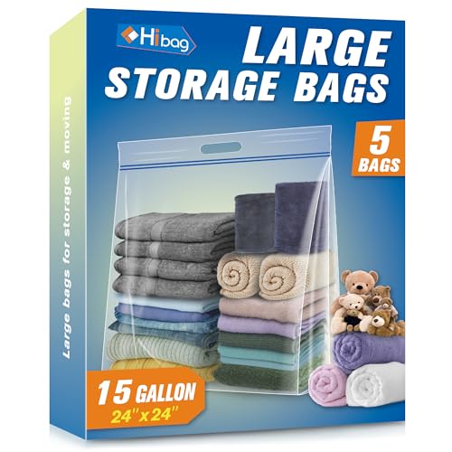 HIBAG 15 Gallon Large Storage Bags, 24” x 24” Resealable Clear Bags with Handle, Extra Large XL Heavy Duty for Clothes Pillow Travel Moving, Pack of 5 - size: 15 gal - 5 pack