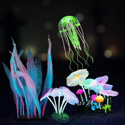 4-Pack Silicone Fluorescent Aquarium Plants & Decor - Realistic Jellyfish, Mushrooms for All Fish Tanks, Essential Decorations