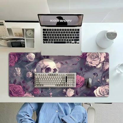 35.4 x 15.7 in, XXL Large Mouse Pad for Desk, Extended Keyboard Mouse Mat for Computer Office, Big Mouse pad with Stitched Edges, Gaming Pc-Skull red Pink Rose Butterfly - color: Skull red Pink Rose Butterfly