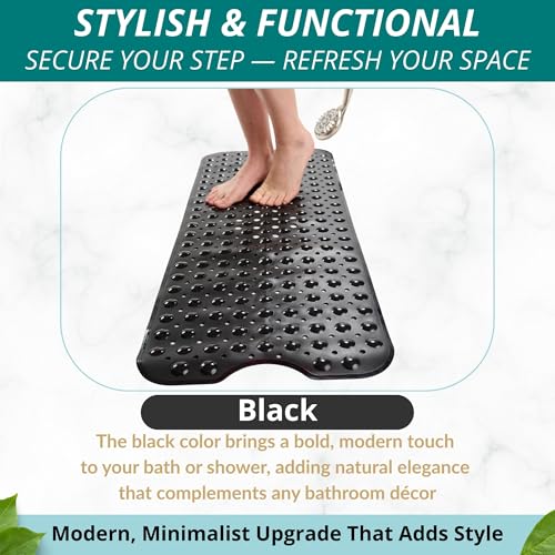 Bath Mat – 40 x 16 Inch Extra Long Non Slip Bathtub Mat – Anti Slip Black Shower Mat with Suction Cups – Bathroom Mat for Tub and Smooth Shower Floors (Black 40x16) - color: Black