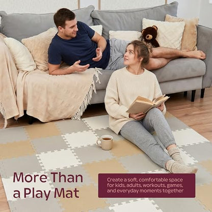 Puzzle Play Mat for Floor (White, Tan & Gray, 36 Tiles (71x71 in), Cross)