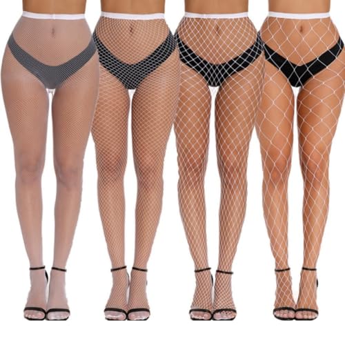 Women's 4 Pairs Fishnet Tights Set 4 Mesh Sizes High Waist Stretchy Nylon Stockings - color: White