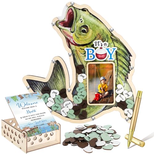 63 Pcs Fishing a Little Fisherman is on the Way Baby Shower Guest Book Alternatives Set Baby Shower Decorations with Photo Frame Sonogram Frame Keepsake 60 Wood Slices Guest Book for Birthday - color: Green, style: Fishing A Little Fisherman is on the Way