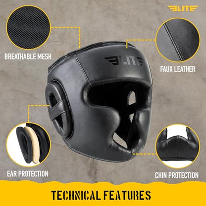 Elite Sports Boxing Headgear Men, Boxing Head Guard Sparring Gear, MMA Headgear Kickboxing Muay Thai Training Helmet, Protective Fighting Gear, Adjustable Face Protection - color: Black