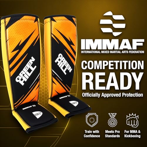 Green Hill IMMAF Shin Guards for MMA, Muay Thai & Kickboxing - color: Black/Golden, size: Large
