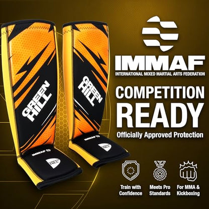 Green Hill IMMAF Shin Guards for MMA, Muay Thai & Kickboxing - color: Black/Golden, size: Large