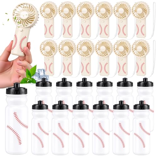 Tujoe 24 Pcs Baseball Team Gifts Bulk, 20 oz Baseball Water Bottles with Mini Handheld Fans, Reusable Squeeze Cup for Cooling Supplies Summer Sports Party Favors, No Battery - color: White, style: Baseball