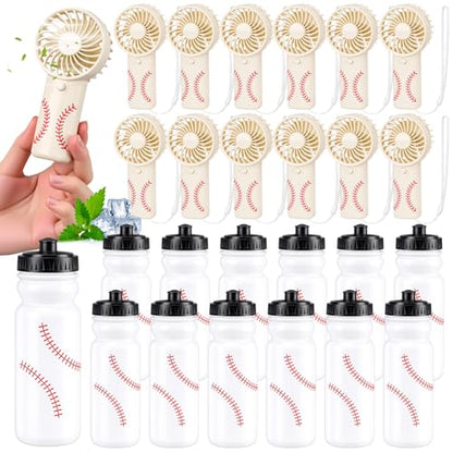 Tujoe 24 Pcs Baseball Team Gifts Bulk, 20 oz Baseball Water Bottles with Mini Handheld Fans, Reusable Squeeze Cup for Cooling Supplies Summer Sports Party Favors, No Battery - color: White, style: Baseball