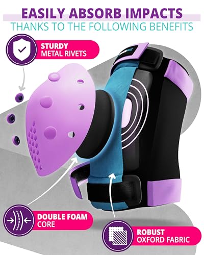 SKATEWIZ Skateboard Pads Protective Gear Set for Kids and Adults - Smash - Roller Skate Pads [6pc] with Wrist Guards - Skating Protective Gear - Roller Derby - color: Blue Purple, size: M/L - Kids/Teens