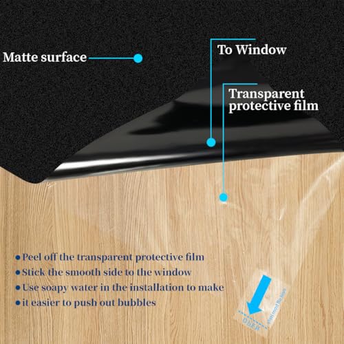 Bloss Blackout Window Film Privacy, 100% Sun Blocking Privacy Film for Glass, Removable Room Darkening Black Out Window Tint, Static Cling Frosted Glass Film (Black/Matte, 17.7" x 78.7")
