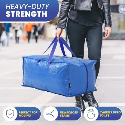 Extra Large Moving Bags - 8-Pack Heavy Duty Storage Duffel - Sturdy Backpack Straps Handles, Zippers - Reusable Moving Storage Bags for Clothes - Folding Collapsible Storage Tote Bag Set – Blue