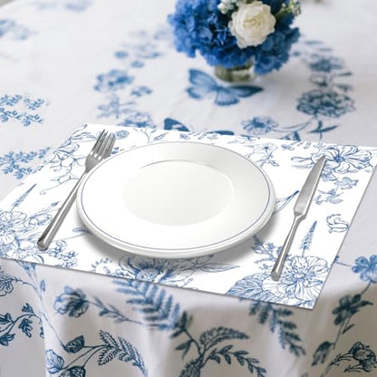 50 Pcs Blue Porcelain Paper Placemats, 11x16 Inch Blue Floral Disposable Placemats Spring Summer Flowers Chinoiserie Table Mats for Wedding Baby Shower Birthday Home Party Supplies