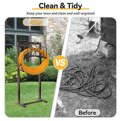 Garden Hose Holder Hanger Freestanding, Upgraded 4-Spike Heavy Duty Storage Reel Stand, Holds 150ft Hose for Outside Yard Lawn (Rustic Line, Metal)
