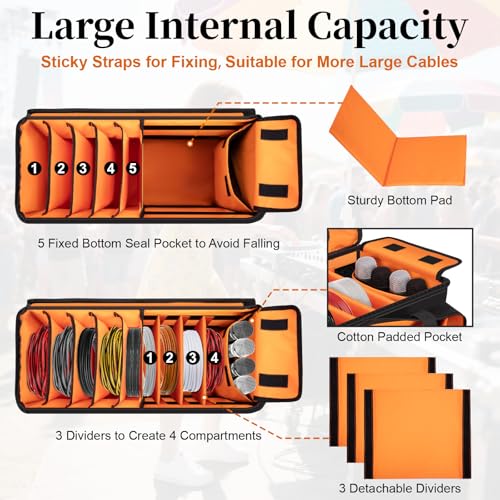 Large Dj Cable Bag with Detachable Dividers, Bottom Pad - color: Orange, style: Dj Cable Bag