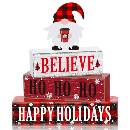 4 Pcs Christmas Wooden Table Decorations Xmas Red and White Buffalo Plaid Signs Rustic Happy Holiday Tiered Tray Decor Xmas Gnome Tabletop Centerpieces for Home Desk Room Kitchen Shelf - style: Gnomes