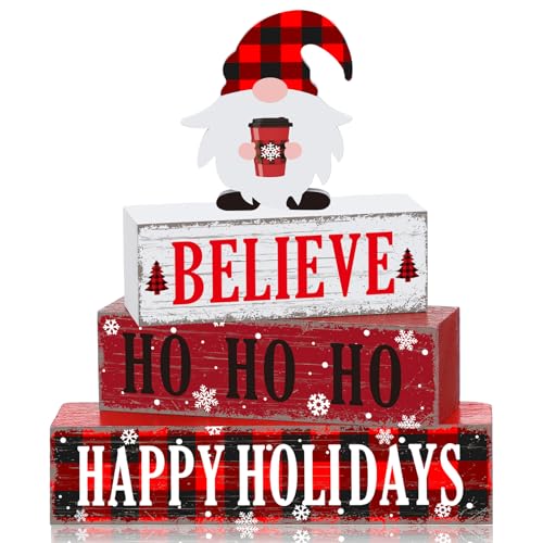 4 Pcs Christmas Wooden Table Decorations Xmas Red and White Buffalo Plaid Signs Rustic Happy Holiday Tiered Tray Decor Xmas Gnome Tabletop Centerpieces for Home Desk Room Kitchen Shelf - style: Gnomes