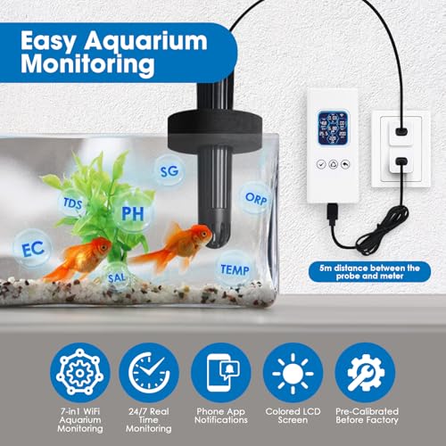 Smart Aquarium Water Quality Monitor 7-in-1 pH, Temperature, TDS, EC, Salinity, ORP & Specific Gravity Real-Time Alerts with App Control, Replaceable Probe for Freshwater, Saltwater, Reef & Ponds