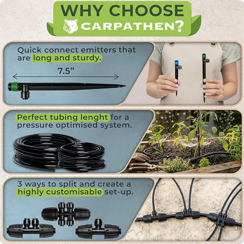 Drip Irrigation System Kit - Complete Quick Connect Garden Watering System with Adjustable Sprinkler Emitters, 5/16" & 1/4" Tubing - Drip Line for Raised Beds, Greenhouse
