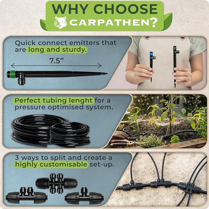 Drip Irrigation System Kit - Complete Quick Connect Garden Watering System with Adjustable Sprinkler Emitters, 5/16" & 1/4" Tubing - Drip Line for Raised Beds, Greenhouse