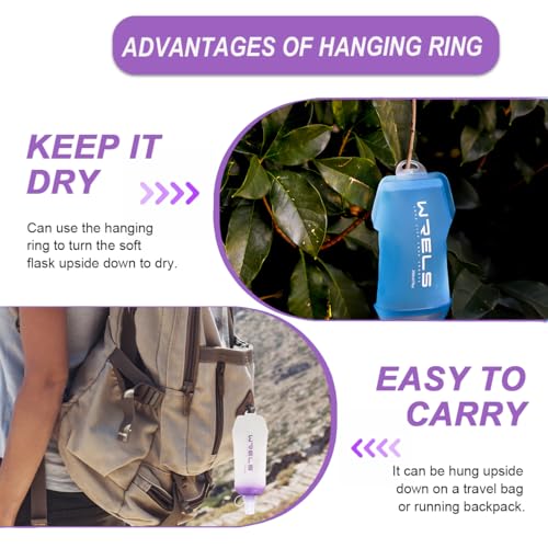 WRELS 200ml/350ml/500ml Collapsible Soft Flask,BPA Free Folding Soft Water Bottle with Hanging Ring,Lightweight TPU Hydration Flask for Running Marathon Cycling Hiking - color: Purple-500ml*1