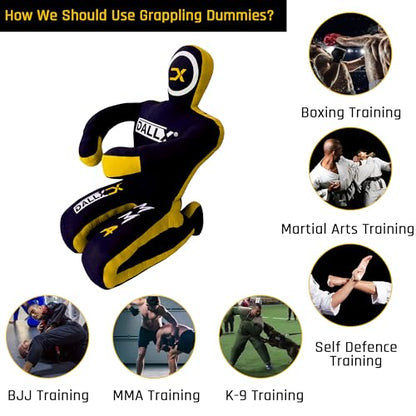 DALLX MMA Grappling Dummy BBJ Wrestling Brazilian Jiu Jitsu Punching Bag Judo Karate Throwing Boxing Fighting Dummy Self Defense Sitting Position – UNFILLED - color: Black Yellow, size: 5FT
