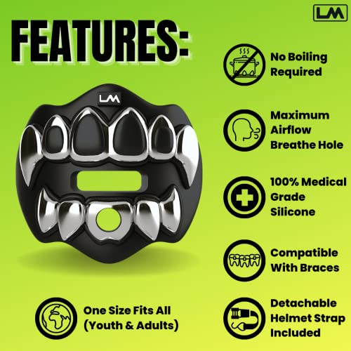 Loudmouth Football Mouth Guard for Youth & Adult - 3D Chrome Grillz Silver Teeth Mouthpiece with Strap, No-Boil Braces-Friendly Sports Mouthguard (Chrome Black/Silver) - color: 3d Grillz - Chrome Black/Silver