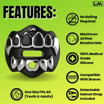 Loudmouth Football Mouth Guard for Youth & Adult - 3D Chrome Grillz Silver Teeth Mouthpiece with Strap, No-Boil Braces-Friendly Sports Mouthguard (Chrome Black/Silver) - color: 3d Grillz - Chrome Black/Silver