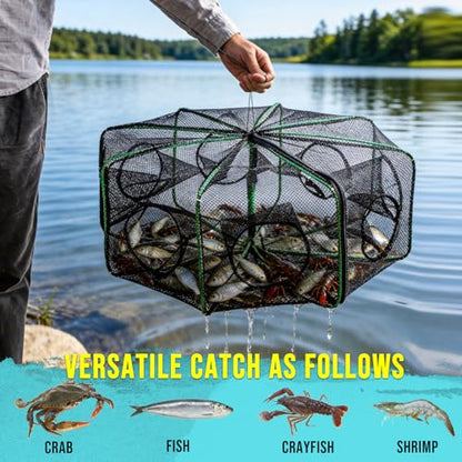 Fishing Bait Trap Crab Trap Minnow Traps, Foldable Net for Blue Crabs Lobster Shrimp Crawfish with Rope and Crabbing Equipment - color: Black-2 Pack, size: 10 Holes-28.7" x 10.2"
