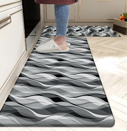 Kitchen Mats for Floor Modern Abstract Kitchen Rugs Grey Stripe Anti Fatigue Kitchen Mats Waterproof Floor Mats Cushioned Non-Skid Standing Mats for Kitchen, Set of 2,17.3 x 28+17.3 x 47 - color: Grey and White