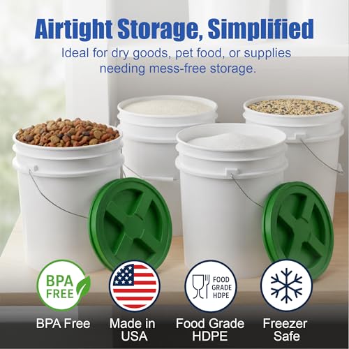 5 Gallon Bucket - Food Grade Bucket with Airtight Gamma Seal Screw-On Lid, BPA-Free, Heavy-Duty 90 Mil HDPE Plastic, Bulk Storage, Durable Container, Made in USA, White/Green, 3 Packs