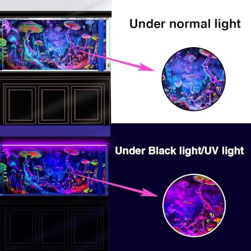 48X18IN Blacklight Mushroom Black Light Aquarium Background UV Reactive Background Starry Sky Terrarium Mushroom Theme Background with 10 EVA Double-Sided Tape - color: Violet bluish, size: 48X18in/120X45cm