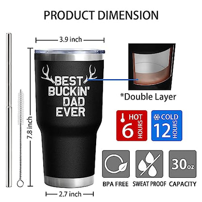 Dad Gifts for Men BEST BUCKIN' DAD EVER Tumbler 30 Oz Stainless Steel Insulated Cup Coffee Mug with Lid and Straw Mens Father's Day, Christmas and Birthday Gifts Idea - color: DAD-Hunting-01