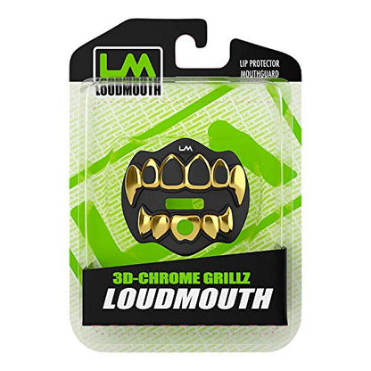 Loudmouth Football Mouth Guard - 3D Chrome Grillz Football Mouthpiece, Fits Adult & Youth, Mouth Guard Accessories (3D Grillz - Chrome Black/Gold) - color: 3d Grillz - Chrome Black/Gold