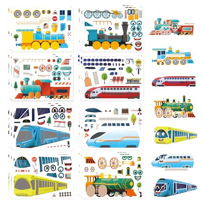 DUJAA 24 Sheets Train Stickers for Kids, Make Your Own Steam, Freight, Bullet Trolley Trains Stickers for Toddlers, Train Party Favors, DIY Craft Great Birthday Classroom Teacher Reward - style: Train