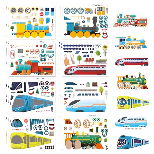 DUJAA 24 Sheets Train Stickers for Kids, Make Your Own Steam, Freight, Bullet Trolley Trains Stickers for Toddlers, Train Party Favors, DIY Craft Great Birthday Classroom Teacher Reward - style: Train