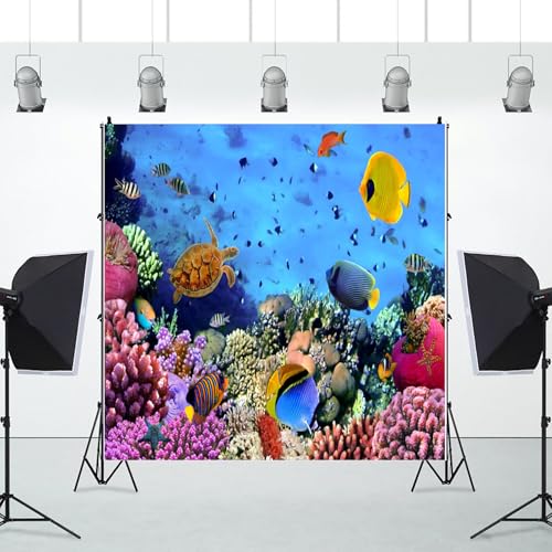 8x8ft Underwater Ocean Coral Reef Backdrop Under The Sea Tropical Fish Sea Turtle Marine Life Photography Background Seabed World Nature Scene Aquarium Decor Kids Portrait Photo Shoot Props - size: 8x8ft