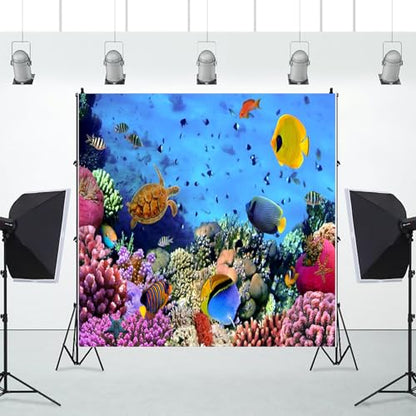 8x8ft Underwater Ocean Coral Reef Backdrop Under The Sea Tropical Fish Sea Turtle Marine Life Photography Background Seabed World Nature Scene Aquarium Decor Kids Portrait Photo Shoot Props - size: 8x8ft