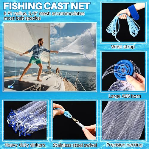 Set of 4 Saltwater Fishing Cast Net, Foldable Fish Bucket, Folding Fishing Landing Net, and 110lb Digital Scale, 6 Gallon Live Fish Bait Bucket - color: Black, size: 6ft