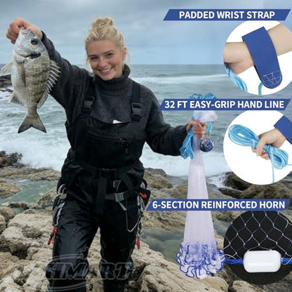 Yeahmart Handmade American Cast Net, 3ft-8ft Radius Casting Net for Saltwater & Freshwater, 3/8 Inch Mesh Monofilament Bait Trap Rust-Proof PVC Coated Sinkers, Easy Throw, Bucket & Repair Kit Included